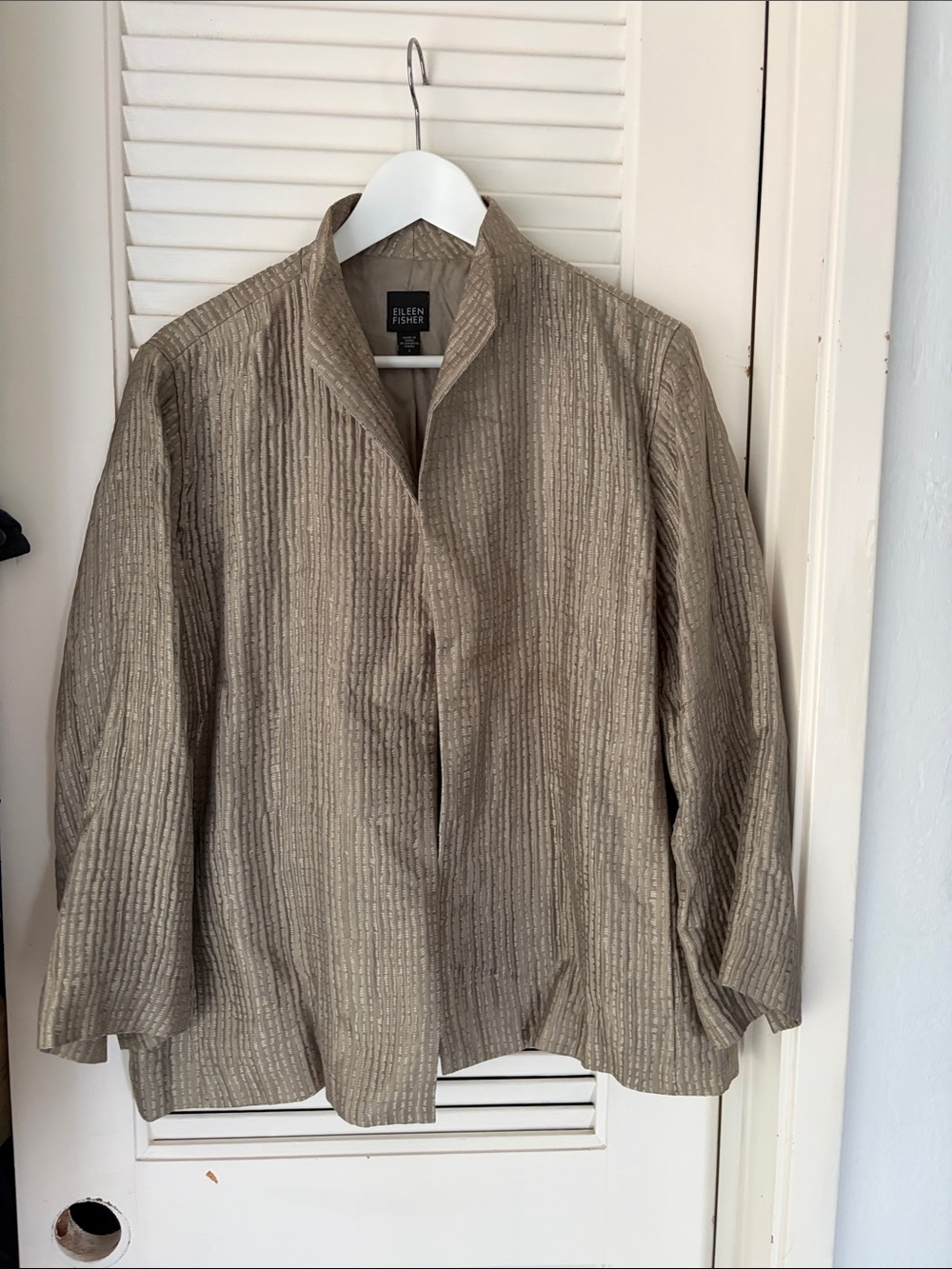 Silk Eileen Fisher Taupe Shimmer Ribbed Open-Front Jacket